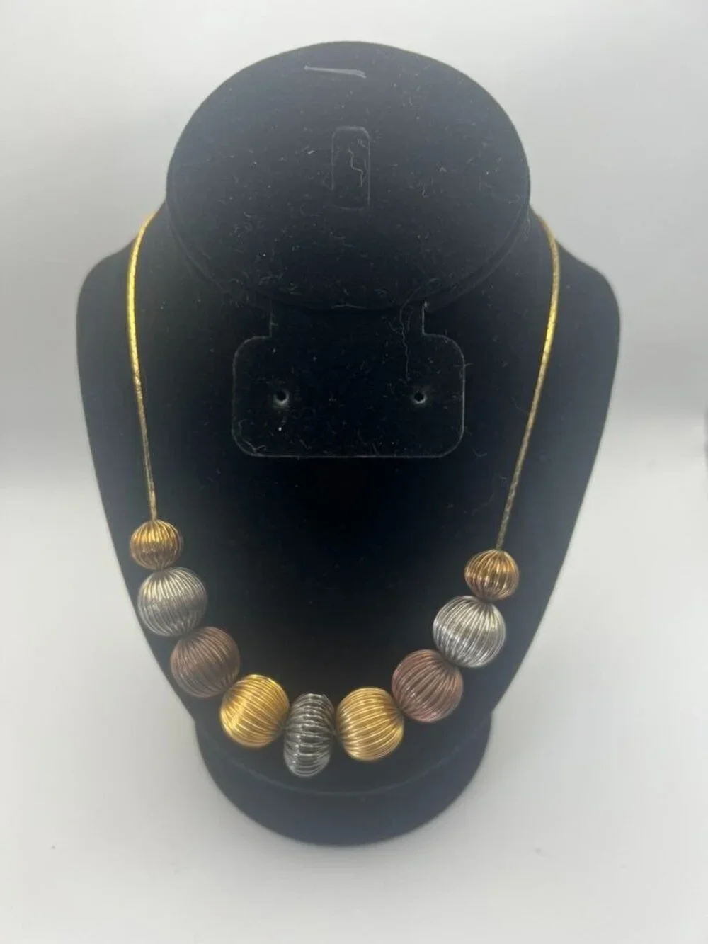 Vintage Mixed Metal Ribbed Ball Bead Necklace Gold Silver Copper Tone